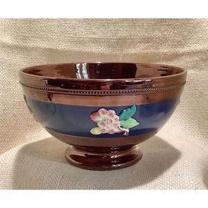 SARREGUEMINES France VINTAGE copper lusterware bowl apple blossom flowers